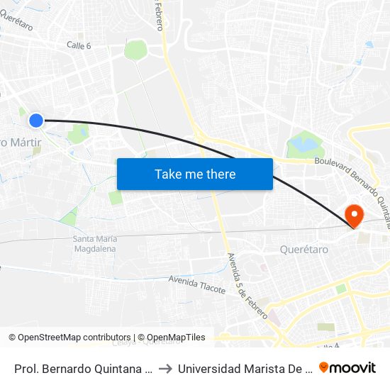 Prol. Bernardo Quintana Y Toltecas to Universidad Marista De Querétaro map