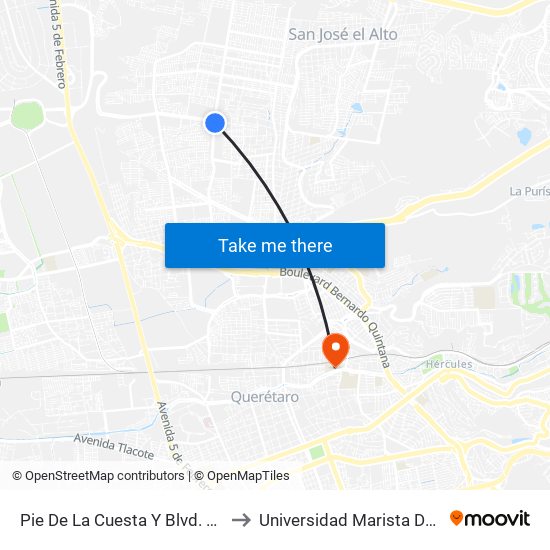 Pie De La Cuesta Y Blvd. De La Nación to Universidad Marista De Querétaro map