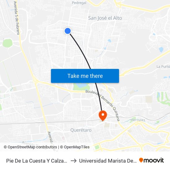 Pie De La Cuesta Y Calzada De Belen to Universidad Marista De Querétaro map