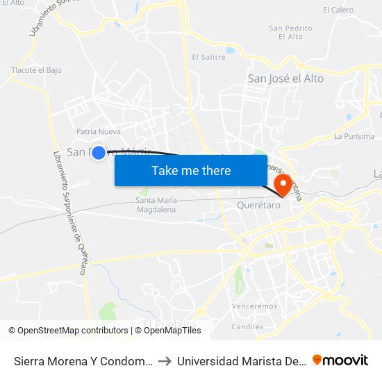 Sierra Morena Y Condominio Madrid to Universidad Marista De Querétaro map