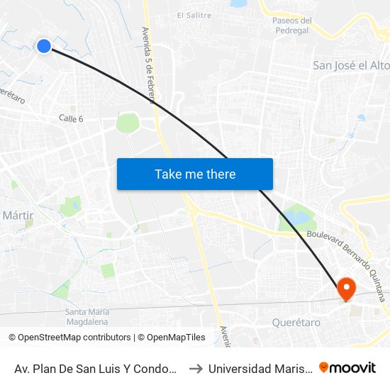 Av. Plan De San Luis Y Condominio Andres Henestrosa to Universidad Marista De Querétaro map