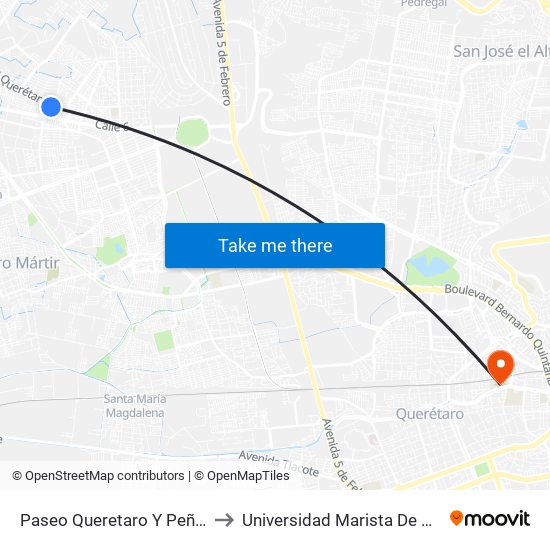 Paseo Queretaro Y Peña Blanca to Universidad Marista De Querétaro map