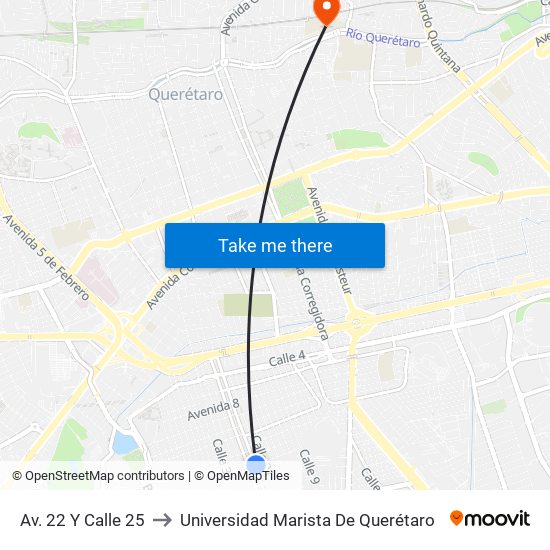 Av. 22 Y Calle 25 to Universidad Marista De Querétaro map