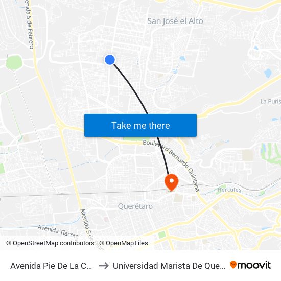 Avenida Pie De La Cuesta to Universidad Marista De Querétaro map