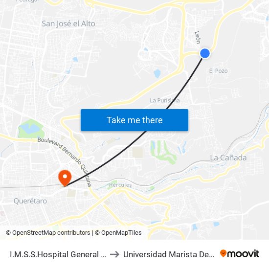 I.M.S.S.Hospital General Regional 2 to Universidad Marista De Querétaro map