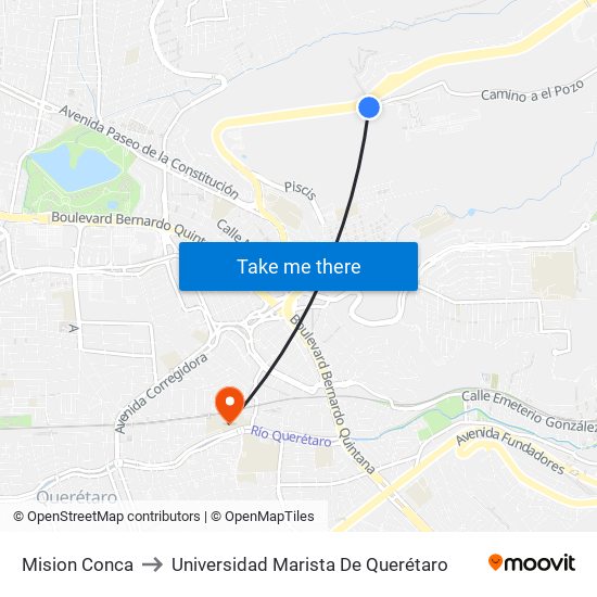 Mision Conca to Universidad Marista De Querétaro map