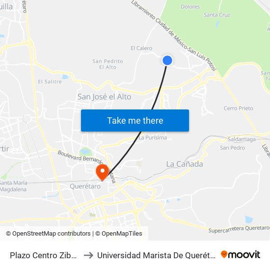 Plazo Centro  Zibata to Universidad Marista De Querétaro map