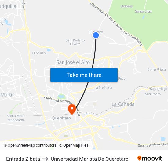 Entrada Zibata to Universidad Marista De Querétaro map