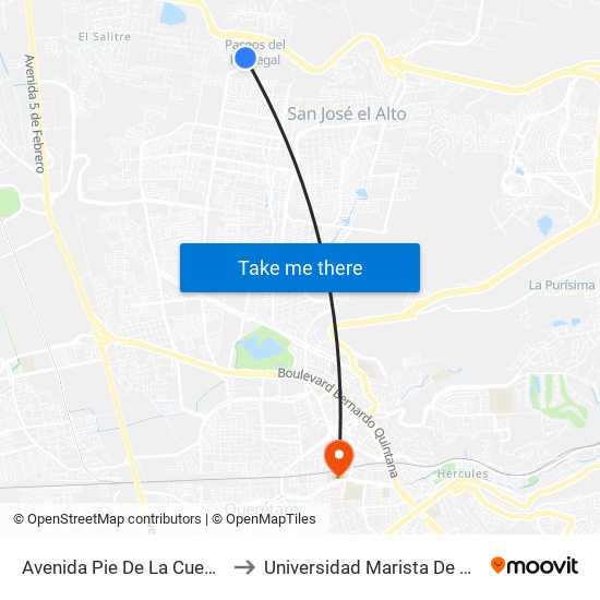 Avenida Pie De La Cuesta, 3141 to Universidad Marista De Querétaro map