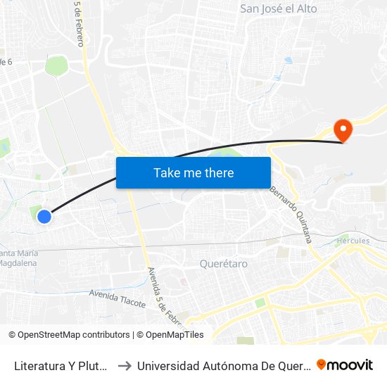 Literatura Y Plutarco Elías Calles to Universidad Autónoma De Querétaro Campus Aeropuerto map