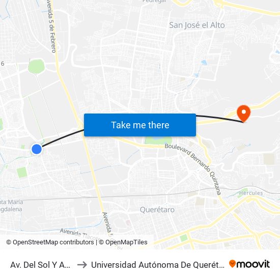 Av. Del Sol Y Av. Revolucion to Universidad Autónoma De Querétaro Campus Aeropuerto map