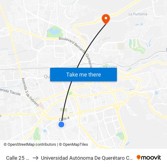 Calle 25 Y Av 8 to Universidad Autónoma De Querétaro Campus Aeropuerto map