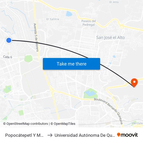 Popocátepetl Y Montes Escandinavos to Universidad Autónoma De Querétaro Campus Aeropuerto map