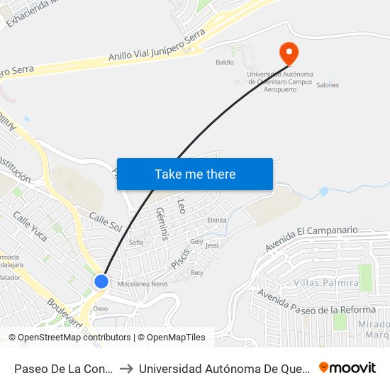 Paseo De La Constitución Y Yuca to Universidad Autónoma De Querétaro Campus Aeropuerto map