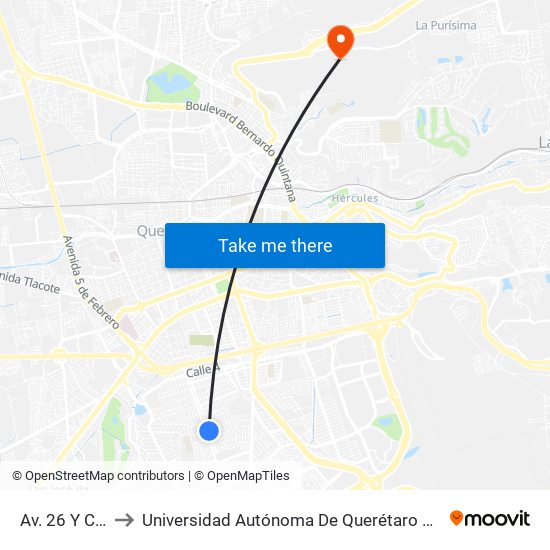 Av. 26 Y Calle 25 to Universidad Autónoma De Querétaro Campus Aeropuerto map