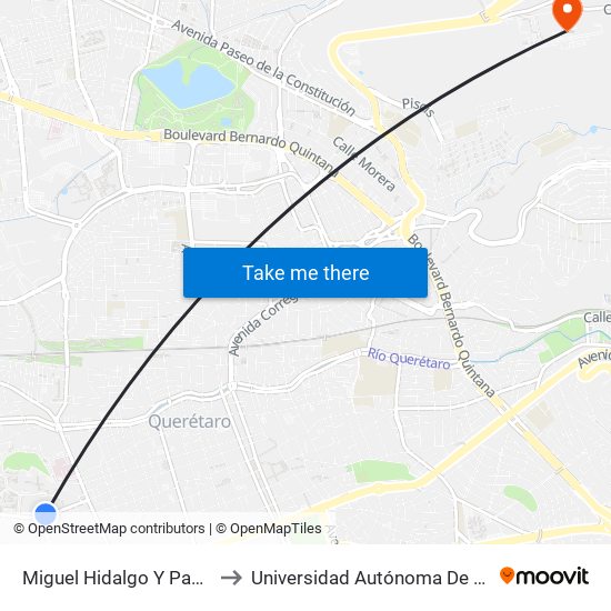 Miguel Hidalgo Y Paseo De Los Niños Heroes to Universidad Autónoma De Querétaro Campus Aeropuerto map