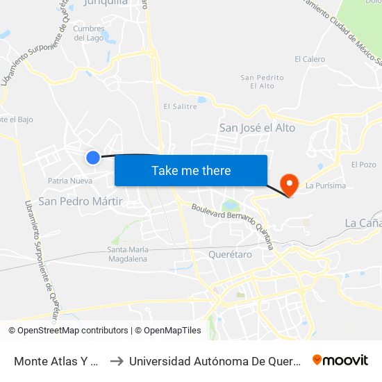 Monte Atlas Y Maciso Tibesti to Universidad Autónoma De Querétaro Campus Aeropuerto map