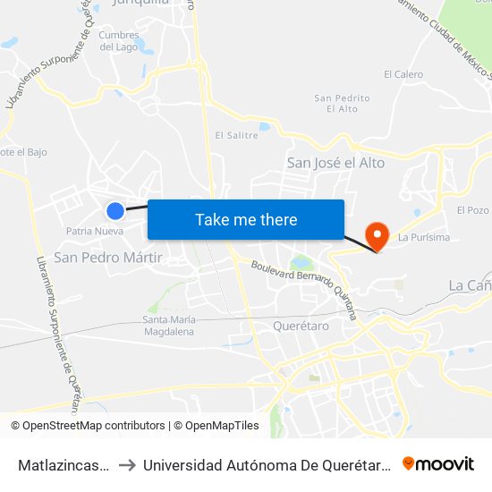 Matlazincas Y Choles to Universidad Autónoma De Querétaro Campus Aeropuerto map