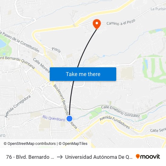 76 - Blvd. Bernardo Quintana Y Av Del Río to Universidad Autónoma De Querétaro Campus Aeropuerto map