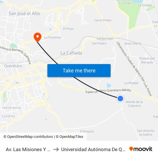 Av. Las Misiones Y El Colorado-El Rocio to Universidad Autónoma De Querétaro Campus Aeropuerto map