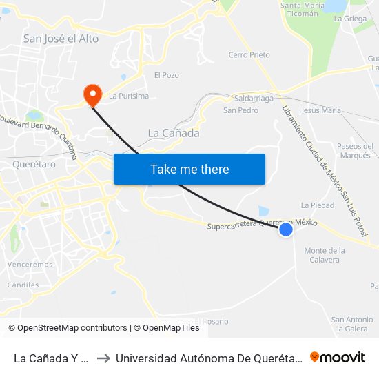 La Cañada Y Acueducto to Universidad Autónoma De Querétaro Campus Aeropuerto map