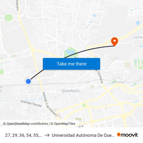 27, 29, 36, 54, 55, 61, 83, 96 Y 134 to Universidad Autónoma De Querétaro Campus Aeropuerto map