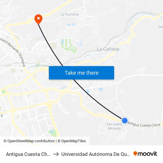 Antigua Cuesta China Y Puente Conin to Universidad Autónoma De Querétaro Campus Aeropuerto map