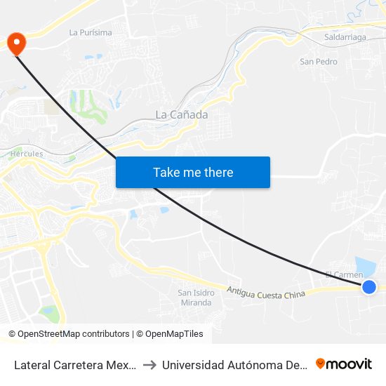 Lateral Carretera Mexico-Queretaro Y El Carmen to Universidad Autónoma De Querétaro Campus Aeropuerto map