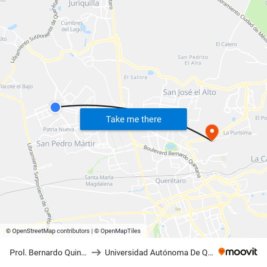 Prol. Bernardo Quintana Y Blvd. Peña Flor to Universidad Autónoma De Querétaro Campus Aeropuerto map