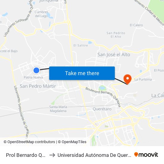 Prol Bernardo Quintana Y Cedro to Universidad Autónoma De Querétaro Campus Aeropuerto map