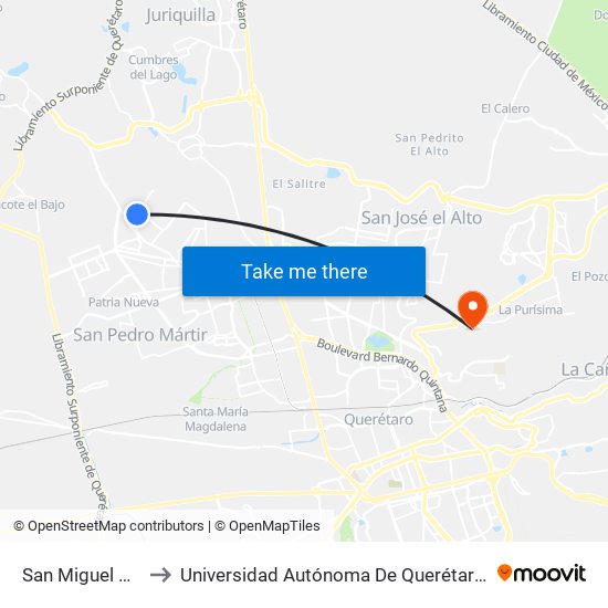 San Miguel Y San Ariel to Universidad Autónoma De Querétaro Campus Aeropuerto map