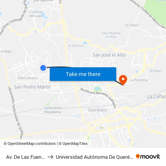 Av. De Las Fuentes Y Calle 13 to Universidad Autónoma De Querétaro Campus Aeropuerto map