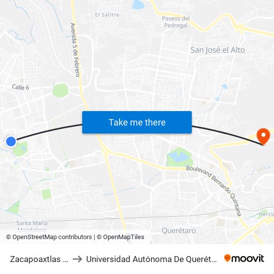 Zacapoaxtlas Y Begonias to Universidad Autónoma De Querétaro Campus Aeropuerto map