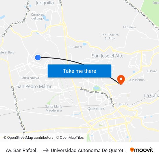 Av. San Rafael Y Cobaq 22 to Universidad Autónoma De Querétaro Campus Aeropuerto map
