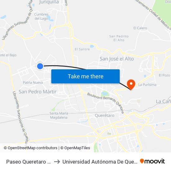 Paseo Queretaro Y Monte Caseros to Universidad Autónoma De Querétaro Campus Aeropuerto map