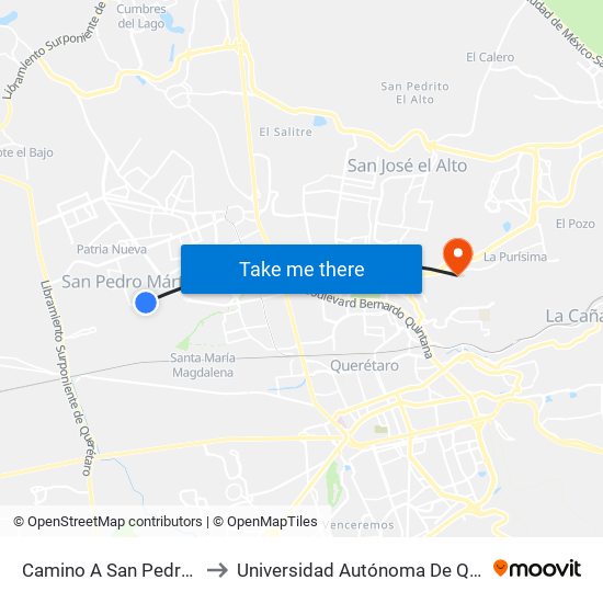 Camino A San Pedro Martir Y Valle Verde to Universidad Autónoma De Querétaro Campus Aeropuerto map