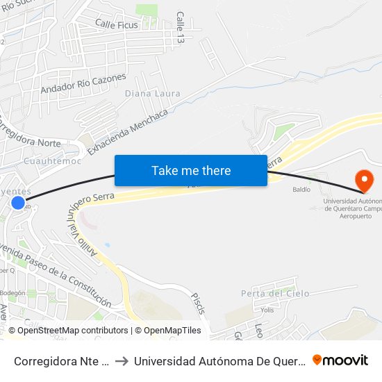 Corregidora Nte Y Calle Nogada to Universidad Autónoma De Querétaro Campus Aeropuerto map