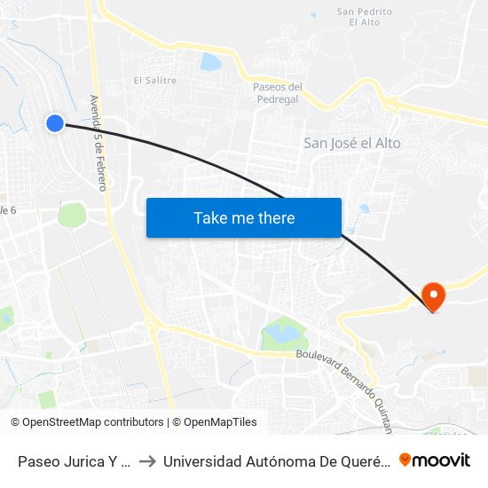 Paseo Jurica Y Av. Los Pinos to Universidad Autónoma De Querétaro Campus Aeropuerto map