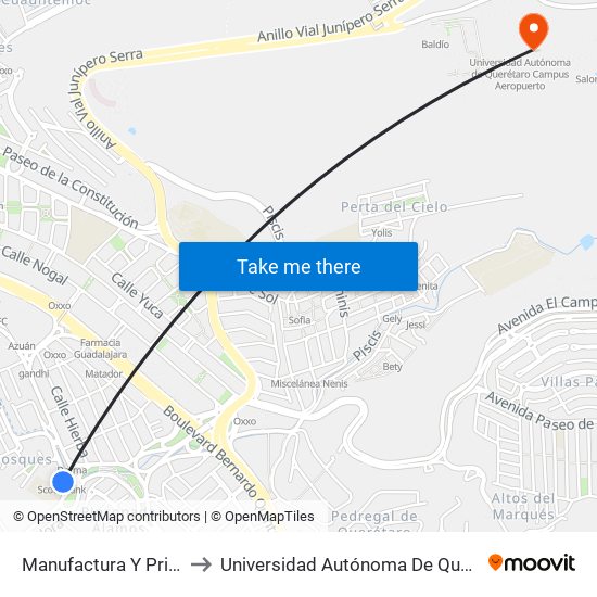 Manufactura Y Priv Manufactura 48 to Universidad Autónoma De Querétaro Campus Aeropuerto map