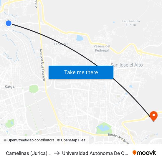 Camelinas (Jurica) Y Paseo Del Mesón to Universidad Autónoma De Querétaro Campus Aeropuerto map