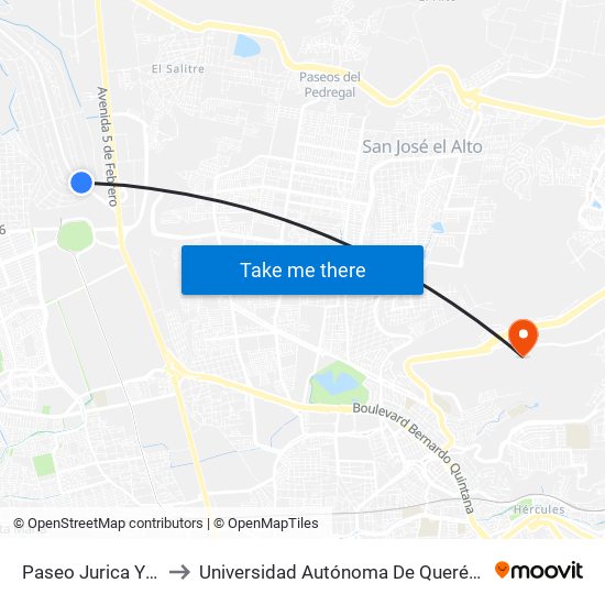 Paseo Jurica Y Los Fresnos to Universidad Autónoma De Querétaro Campus Aeropuerto map