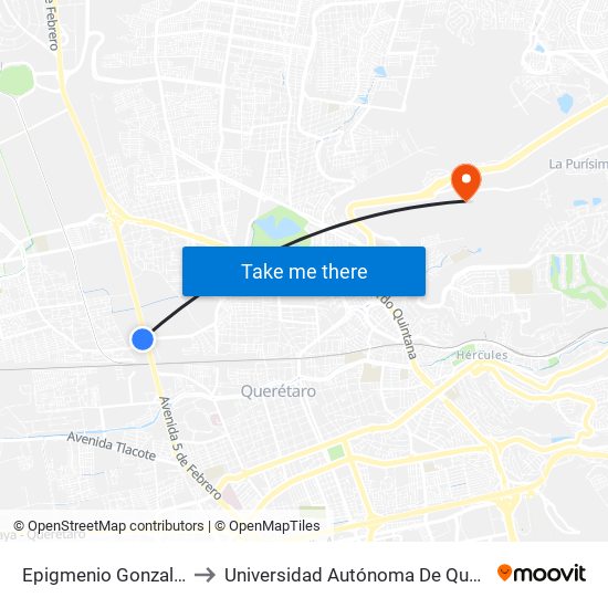 Epigmenio Gonzalez Y 5 De Febrero to Universidad Autónoma De Querétaro Campus Aeropuerto map