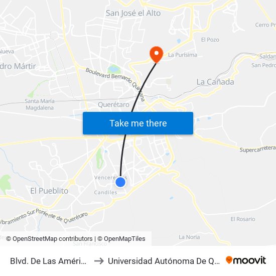 Blvd. De Las Américas Y Río Papaloapan to Universidad Autónoma De Querétaro Campus Aeropuerto map