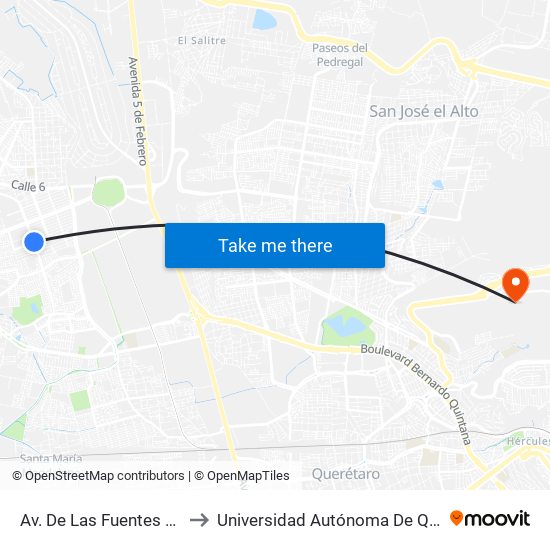 Av. De Las Fuentes Y Paseo De Las Peñas to Universidad Autónoma De Querétaro Campus Aeropuerto map