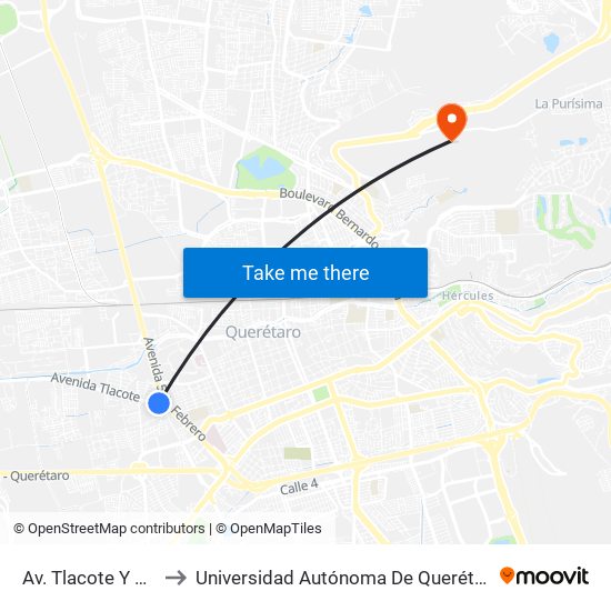 Av. Tlacote Y 5 De Febrero to Universidad Autónoma De Querétaro Campus Aeropuerto map