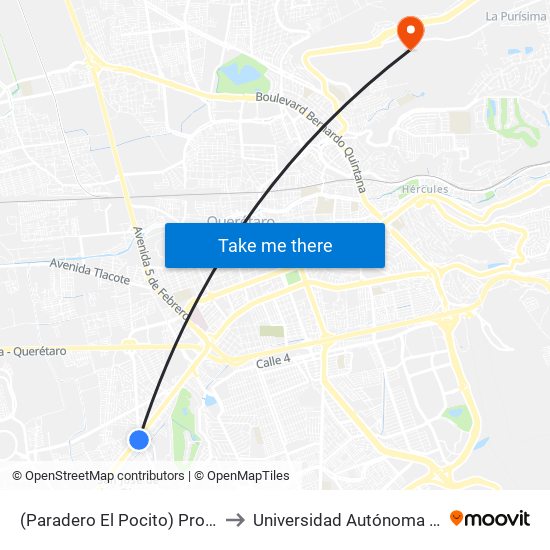 (Paradero El Pocito) Prol. Zaragoza Y Paseo Constituyentes to Universidad Autónoma De Querétaro Campus Aeropuerto map