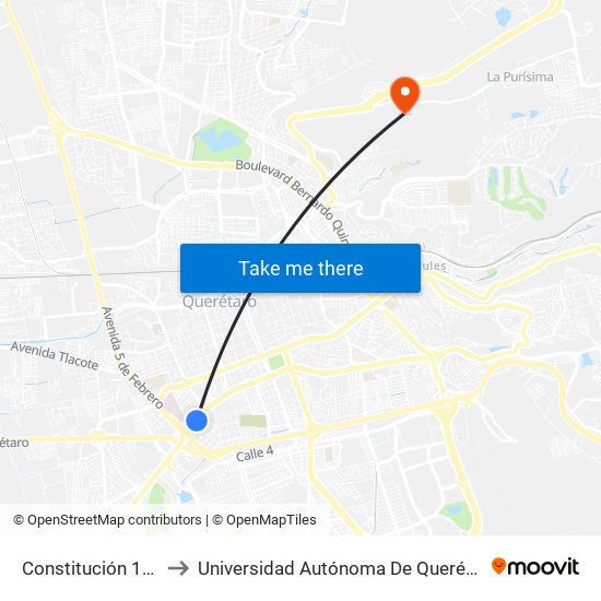 Constitución 1917 Ote - Pte to Universidad Autónoma De Querétaro Campus Aeropuerto map