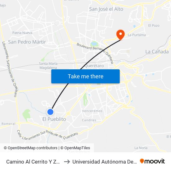 Camino Al Cerrito Y Zona Arqueologica El Cerrito to Universidad Autónoma De Querétaro Campus Aeropuerto map