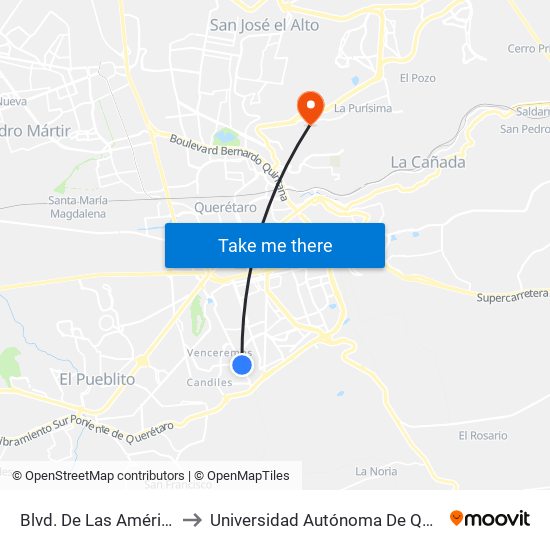 Blvd. De Las Américas Y Prol. Candiles to Universidad Autónoma De Querétaro Campus Aeropuerto map