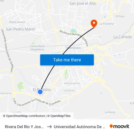 Rivera Del Río Y Josefa Ortíz De Domínguez to Universidad Autónoma De Querétaro Campus Aeropuerto map